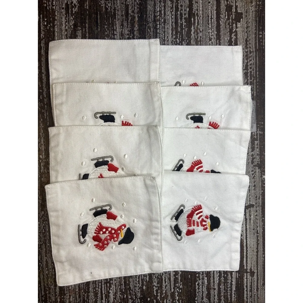 Crate and barrel Embroidered Holiday Skating Snowman Linen Coasters New Set Of 8